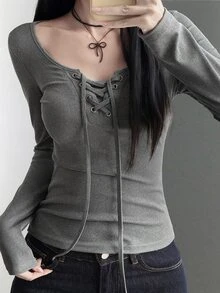 DAZY Women's V-Neck Long Sleeve Grey Tie-Front Cross-Wrap Fitted Ribbed Knit Waist-Cinched T-Shirt Cute Tops - Grey - View 4
