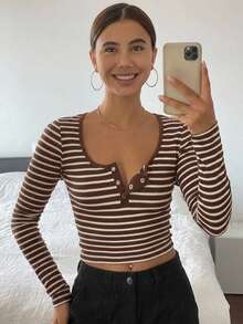 DAZY Women's Minimalist Striped Crew Neck Casual Long Sleeve T-Shirt - Brown - View 6