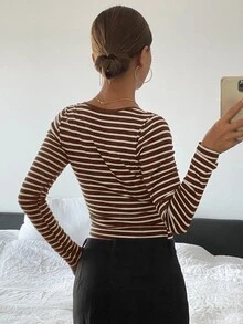 DAZY Women's Minimalist Striped Crew Neck Casual Long Sleeve T-Shirt - Brown - View 2
