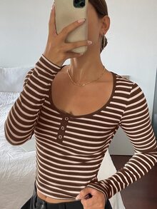 DAZY Women's Minimalist Striped Crew Neck Casual Long Sleeve T-Shirt - Brown - View 5