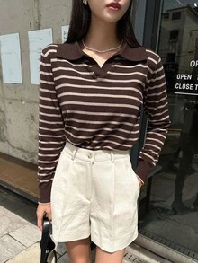 DAZY Striped Pattern V-Collar Sweater Fall - Coffee Brown - View 7
