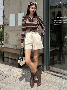 DAZY Striped Pattern V-Collar Sweater Fall - Coffee Brown - View 8