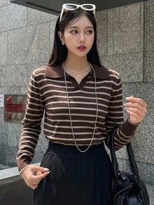 DAZY Striped Pattern V-Collar Sweater Fall - Coffee Brown - View 10