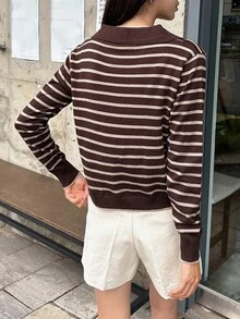 DAZY Striped Pattern V-Collar Sweater Fall - Coffee Brown - View 6