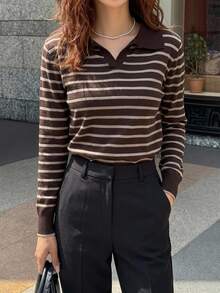 DAZY Striped Pattern V-Collar Sweater Fall - Coffee Brown - View 3