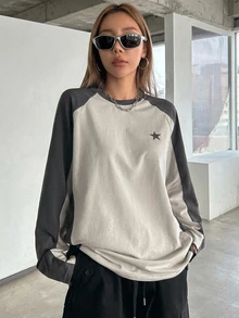 DAZY Y2K配色拼接星星印花落肩袖長袖女款上衣，秋季校園風T恤 - 彩色 - 查看 10