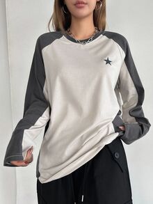 DAZY Y2K配色拼接星星印花落肩袖長袖女款上衣，秋季校園風T恤 - 彩色 - 查看 4