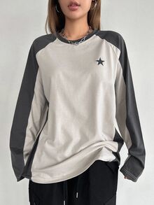 DAZY Y2K配色拼接星星印花落肩袖長袖女款上衣，秋季校園風T恤 - 彩色 - 查看 6