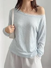 DAZY 女款韓式條紋蕾絲拼接不對稱露肩T恤 秋季日常約會藍白條紋休閒款 - 白色 - 查看 4