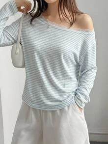 DAZY 女款韓式條紋蕾絲拼接不對稱露肩T恤 秋季日常約會藍白條紋休閒款 - 白色 - 查看 3