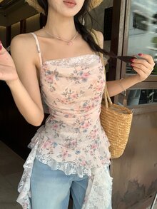 DAZY 女款花卉印花荷葉邊下擺細肩帶背心上衣 度假夏季圖案可愛上衣 - 彩色 - 查看 4