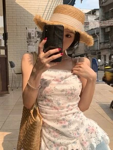 DAZY 女款花卉印花荷葉邊下擺細肩帶背心上衣 度假夏季圖案可愛上衣 - 彩色 - 查看 5