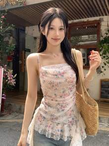 DAZY 女款花卉印花荷葉邊下擺細肩帶背心上衣 度假夏季圖案可愛上衣 - 彩色 - 查看 9