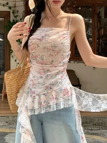 DAZY 女款花卉印花荷葉邊下擺細肩帶背心上衣 度假夏季圖案可愛上衣 - 彩色 - 查看 3