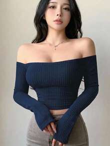 DAZY 女款露肩修身 T-shirt，秋季長袖女上衣，外出穿搭上衣 - 藏蓝色 - 查看 9