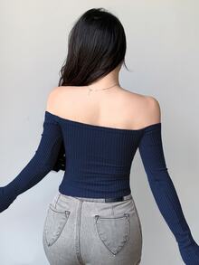 DAZY 女款露肩修身 T-shirt，秋季長袖女上衣，外出穿搭上衣 - 藏蓝色 - 查看 2