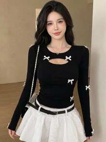 DAZY 全新秋季女式修身T恤，蝴蝶结装饰，长袖女式上衣 - 黑色 - 查看 14