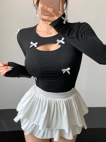 DAZY 全新秋季女式修身T恤，蝴蝶结装饰，长袖女式上衣 - 黑色 - 查看 3