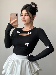 DAZY 全新秋季女式修身T恤，蝴蝶结装饰，长袖女式上衣 - 黑色 - 查看 7