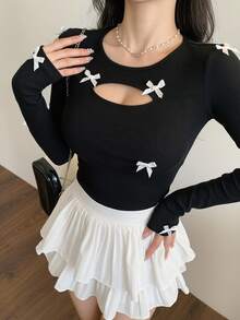 DAZY 全新秋季女式修身T恤，蝴蝶结装饰，长袖女式上衣 - 黑色 - 查看 11