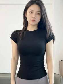 DAZY 女士休闲基本款圆领运动瑜伽 T 恤，黑色，夏季 - 黑色 - 查看 14