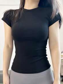 DAZY 女士休闲基本款圆领运动瑜伽 T 恤，黑色，夏季 - 黑色 - 查看 1