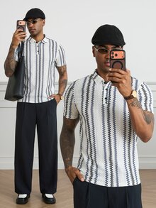HUEFORM Men's Old Money Casual Breezy Loose Fit Polo Shirts, Textured Fabric With Navy And White Stripes, Suitable For Everyday Outings Vacation Summer - Multicolor - View 1