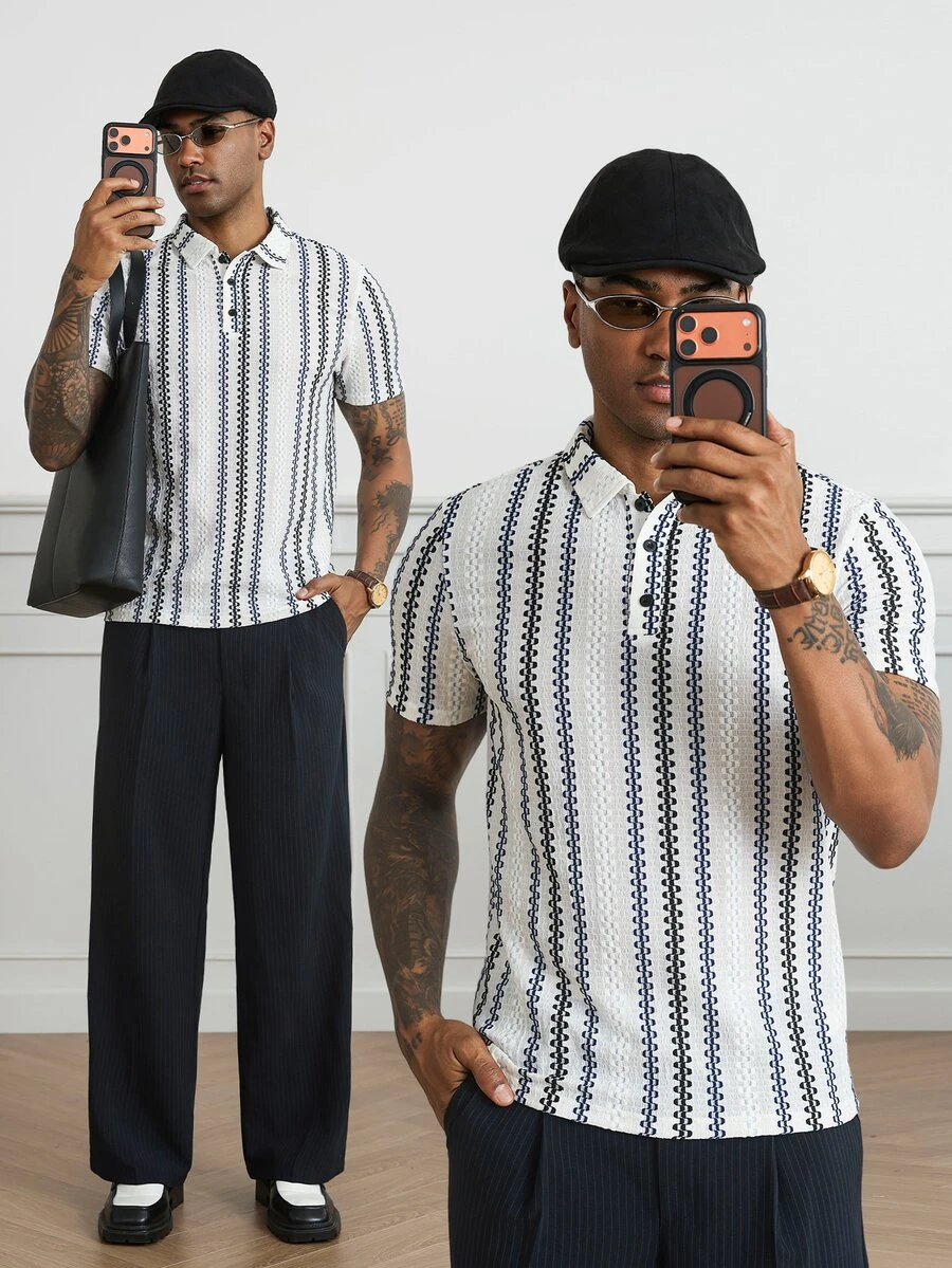 HUEFORM Men's Old Money Casual Breezy Loose Fit Polo Shirts, Textured Fabric With Navy And White Stripes, Suitable For Everyday Outings Vacation Summer - Multicolor - View 1