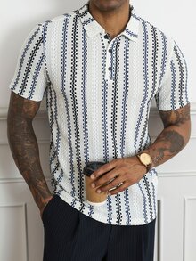 HUEFORM Men's Old Money Casual Breezy Loose Fit Polo Shirts, Textured Fabric With Navy And White Stripes, Suitable For Everyday Outings Vacation Summer - Multicolor - View 4