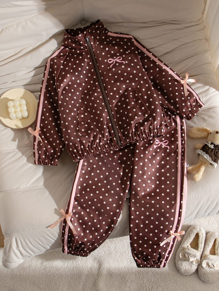 SHEIN 女童蝴蝶結波點外套套裝,棕色 2 件組,秋冬款,時尚織帶裝飾立領拉鍊夾克與休閒長褲 - 棕色 - 查看 1