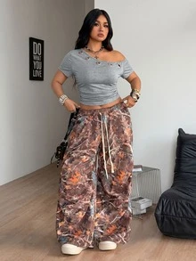 Coolane Plus Size Women's Summer Street Style Decadent Gothic Vintage Y2K Eyelet Design Asymmetrical Shoulder Short Sleeve T-Shirt - Grey - View 3
