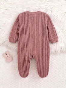 SHEIN 新生兒蝴蝶結裝飾長袖秋冬連身衣 - 粉色 - 查看 2