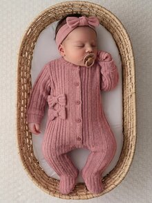 SHEIN 新生兒蝴蝶結裝飾長袖秋冬連身衣 - 粉色 - 查看 4