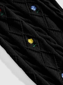 ROMWE Kawaii 新年聖誕甜粉色刺繡綁帶裝飾舒適毛茸茸女款毛衣兩件套，抹胸上衣 + 短版開襟衫 - 黑色 - 查看 3
