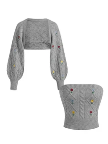 ROMWE Kawaii New Year Christmas Sweet Pink Embroidered Lace-Up Decor Comfortable Fuzzy Women's Sweater 2-Piece Set Tube Top + Short Jacket - Grey - View 1