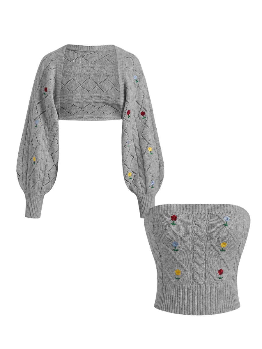 ROMWE Kawaii New Year Christmas Sweet Pink Embroidered Lace-Up Decor Comfortable Fuzzy Women's Sweater 2-Piece Set Tube Top + Short Jacket - Grey - View 1