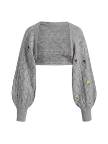 ROMWE Kawaii New Year Christmas Sweet Pink Embroidered Lace-Up Decor Comfortable Fuzzy Women's Sweater 2-Piece Set Tube Top + Short Jacket - Grey - View 9