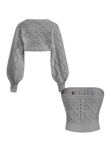 ROMWE Kawaii New Year Christmas Sweet Pink Embroidered Lace-Up Decor Comfortable Fuzzy Women's Sweater 2-Piece Set Tube Top + Short Jacket - Grey - View 2
