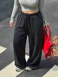 Muchica Women's Plus-Size Vintage-Wash Casual Baggy Streetwear Sweatpants Featuring Rhinestone Letter Graphics, Pockets, And A Drawstring Design. Fall Gray - Black - View 4