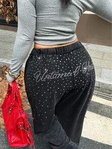 Muchica Women's Plus-Size Vintage-Wash Casual Baggy Streetwear Sweatpants Featuring Rhinestone Letter Graphics, Pockets, And A Drawstring Design. Fall Gray - Black - View 6
