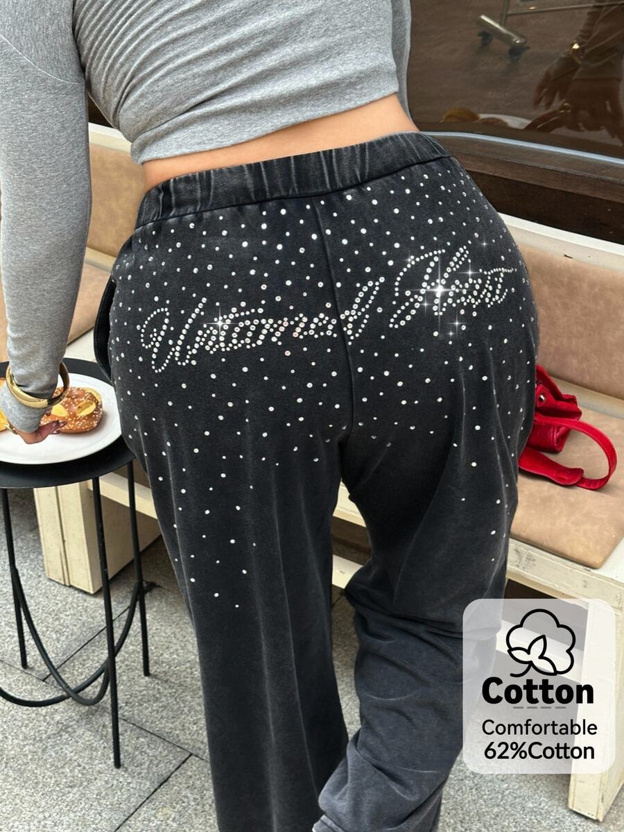 Muchica Women's Plus-Size Vintage-Wash Casual Baggy Streetwear Sweatpants Featuring Rhinestone Letter Graphics, Pockets, And A Drawstring Design. Fall Gray