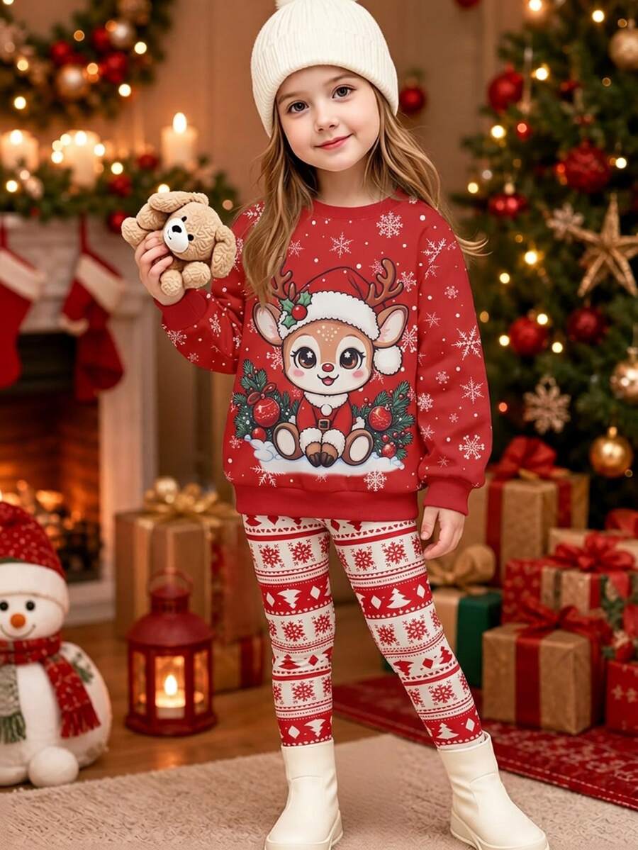 Young Girls Fall/Winter Holiday Wear (Christmas/Back-To-School): A Matching Set Featuring A Christmas-Themed Sweatshirt And Leggings - Multicolor - View 1