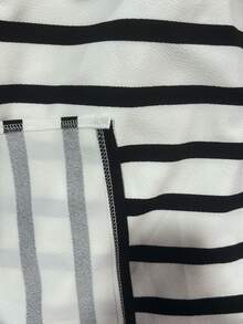 Vionelle Plus Size Knitted Striped Round Neck Puff Sleeve Slim Fit Slit Drawstring Mid-Length Casual Dress, Autumn/Winter, Thanksgiving Women's Long Dress Set - Black and White - View 8