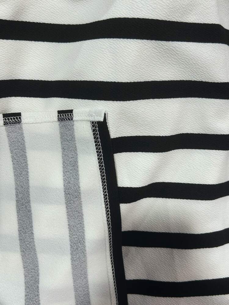 Vionelle Plus Size Knitted Striped Round Neck Puff Sleeve Slim Fit Slit Drawstring Mid-Length Casual Dress, Autumn/Winter, Thanksgiving Women's Long Dress Set - Black and White - View 8