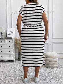 Vionelle Plus Size Knitted Striped Round Neck Puff Sleeve Slim Fit Slit Drawstring Mid-Length Casual Dress, Autumn/Winter, Thanksgiving Women's Long Dress Set - Black and White - View 2