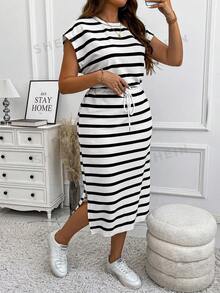 Vionelle Plus Size Knitted Striped Round Neck Puff Sleeve Slim Fit Slit Drawstring Mid-Length Casual Dress, Autumn/Winter, Thanksgiving Women's Long Dress Set - Black and White - View 4