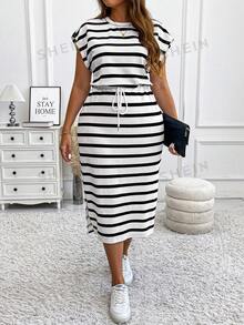 Vionelle Plus Size Knitted Striped Round Neck Puff Sleeve Slim Fit Slit Drawstring Mid-Length Casual Dress, Autumn/Winter, Thanksgiving Women's Long Dress Set - Black and White - View 5