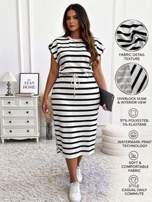 Vionelle Plus Size Knitted Striped Round Neck Puff Sleeve Slim Fit Slit Drawstring Mid-Length Casual Dress, Autumn/Winter, Thanksgiving Women's Long Dress Set - Black and White - View 1