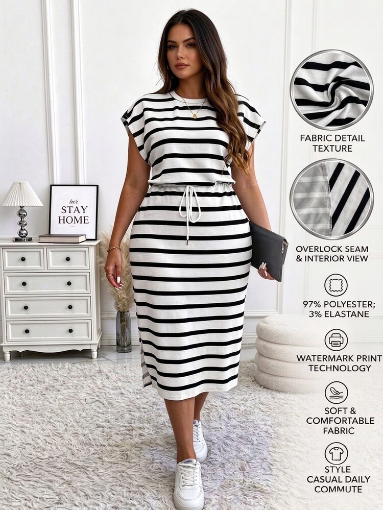 Vionelle Plus Size Knitted Striped Round Neck Puff Sleeve Slim Fit Slit Drawstring Mid-Length Casual Dress, Autumn/Winter, Thanksgiving Women's Long Dress Set - Black and White - View 1