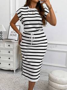 Vionelle Plus Size Knitted Striped Round Neck Puff Sleeve Slim Fit Slit Drawstring Mid-Length Casual Dress, Autumn/Winter, Thanksgiving Women's Long Dress Set - Black and White - View 6